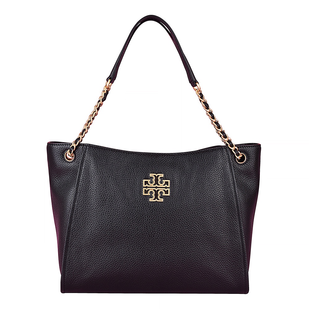 TORY BURCH BRITTEN金字簍空LOGO荔枝紋牛皮吸釦式肩背托特包(黑)