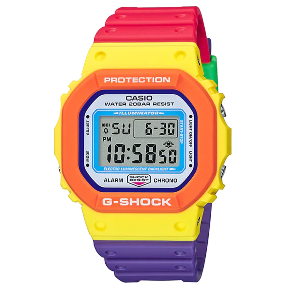 【CASIO】卡西歐 G-SHOCK 繽紛多彩雙色錶圈運動電子錶-彩虹 DW-5610DN-9 台灣卡西歐保固一年