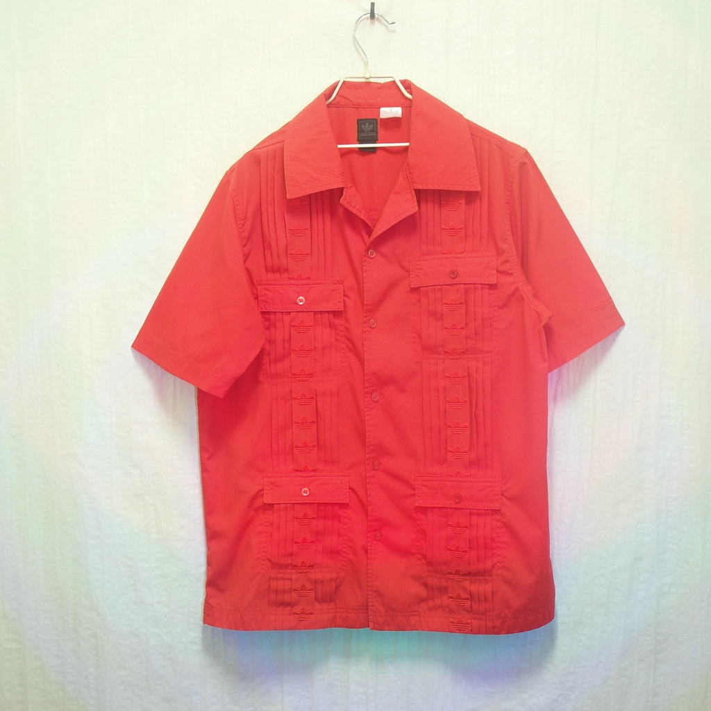 三件7折🎊 Adidas 襯衫 短袖襯衫 橘紅 摺線 串標 口袋 極稀有 老品 復古 古著 Vintage