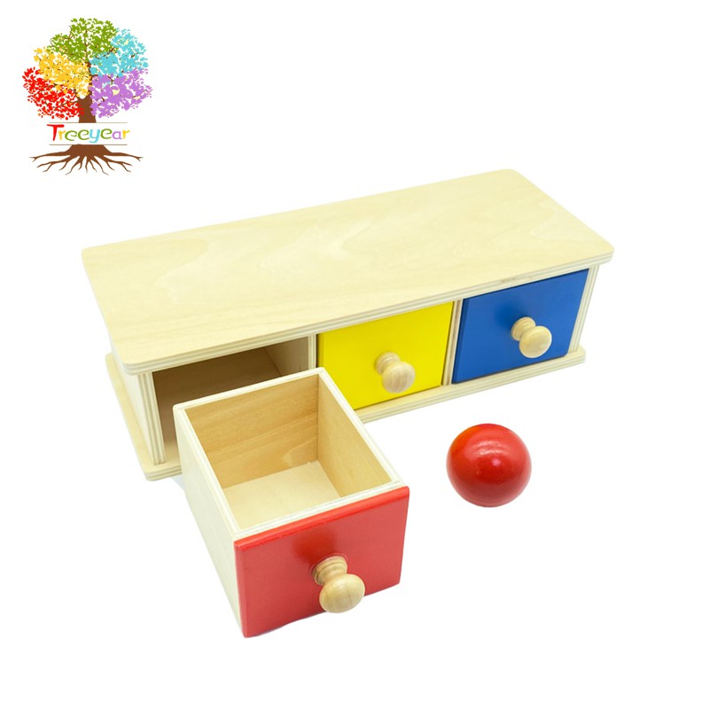 【樹年】蒙氏木製蒙特梭利物品永久盒，帶盒子和球，適用於幼兒早期教育玩具（三色球抽屜）