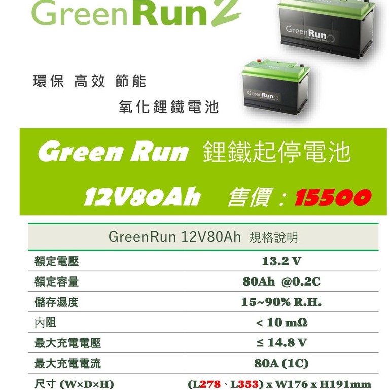 南桃園電池"免運" 經銷代理 GREEN RUN 2 長版歐規80AH 鋰鐵電池 35cm ln5 支援efb agm