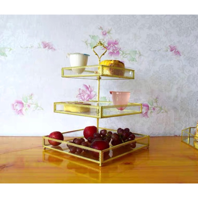 欧式📌網紅熱賣📌歐美創意三層水果盤透明多層甜品盘金屬玻璃下午茶點心蛋糕架
