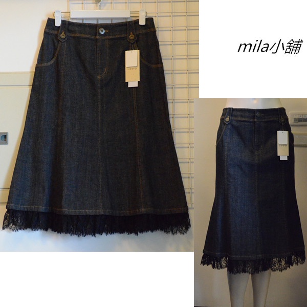 【現貨】❤日本帶回,蕾絲裙襬(可拆)黑色牛仔中長裙(40號:28吋)日本精品女裝 0