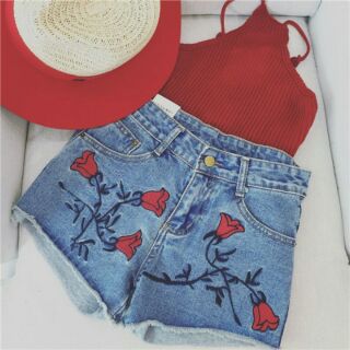 夏季刺繡玫瑰花百搭高腰牛仔短褲