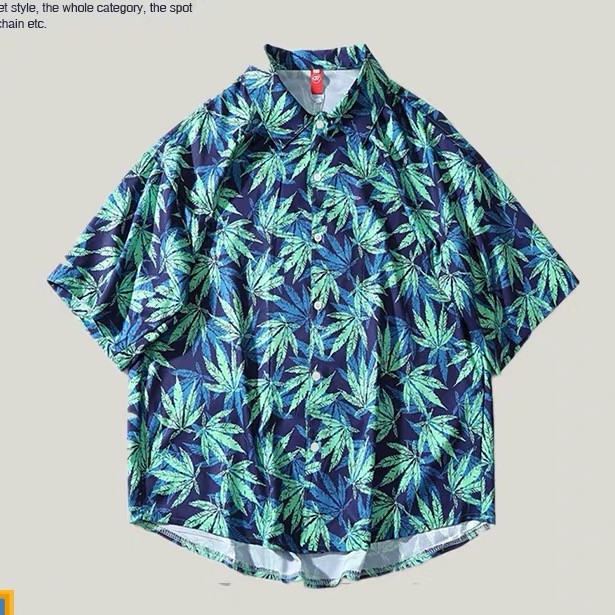 【K-2】夏威夷 沙灘 度假 滿版 大麻葉 楓葉 短袖襯衫 花襯衫 嘻哈 寬鬆 男女不拘 演出 造型