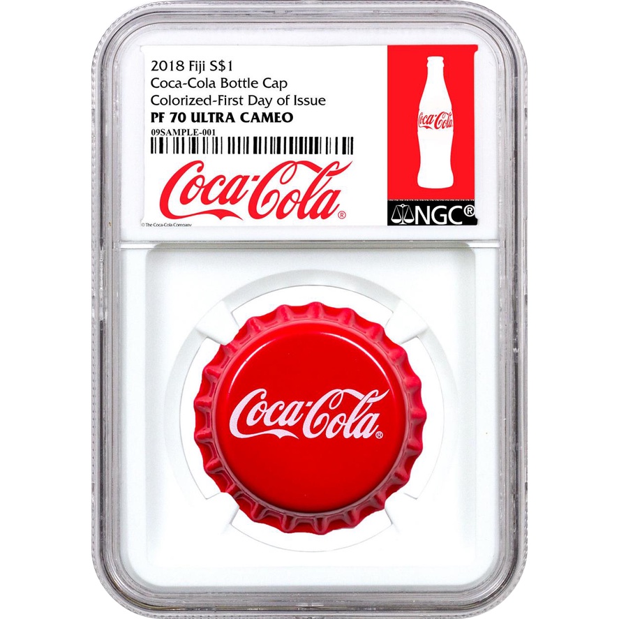 現貨 - 2018斐濟-可口可樂-瓶蓋造形-6克銀幣-NGC PF70 UC鑑定幣-可樂標籤(白底)