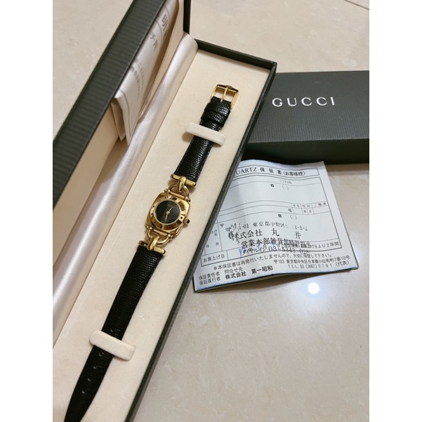 Gucci 優雅古董皮帶錶 Vintage 正品 氣質 黑色錶盤 金色 古董錶 女錶 真皮 日本 附錶盒