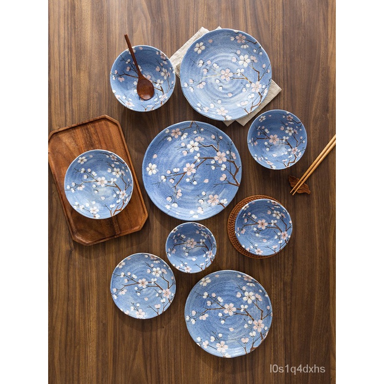 日式餐具 | 有古窯日本進口藍櫻花 | 陶瓷碗盤餐具 | 日式家用飯碗盤子缽碗大碗面碗