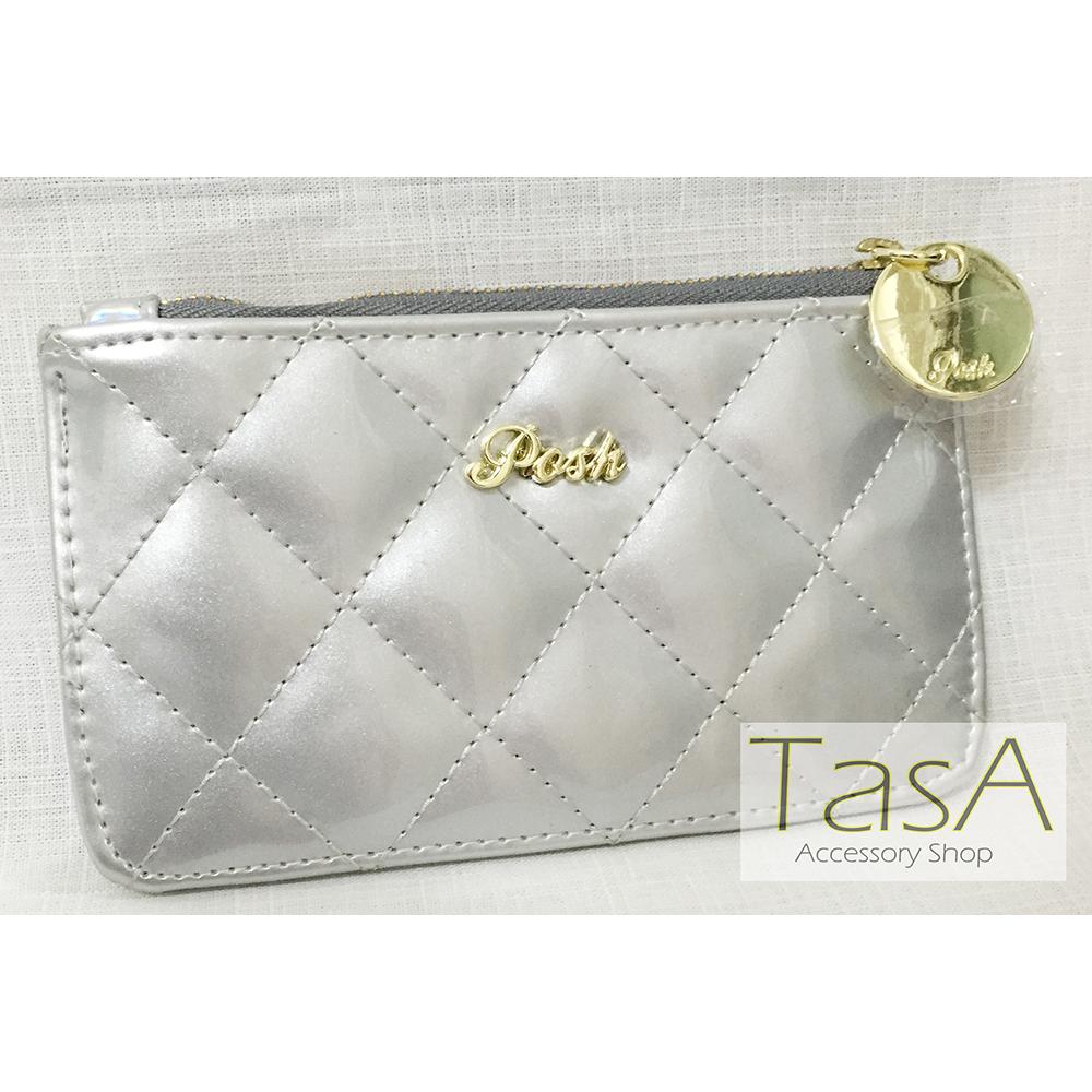 TasA Accessory shop-泰國設計師品牌 POSH 小錢包/零錢包/手機包-仿皮優雅格紋款 魅力銀