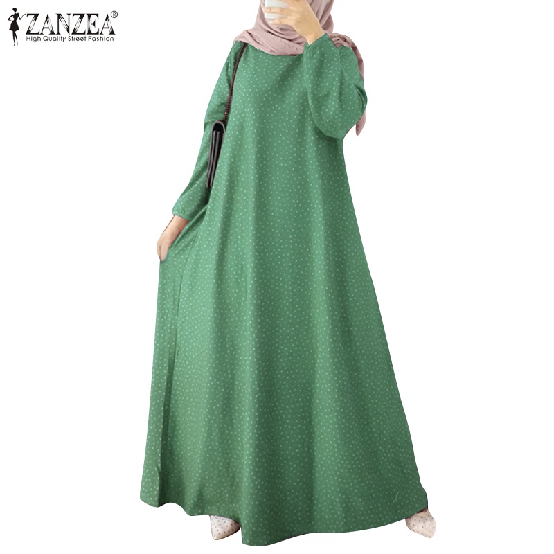 Zanzea 穆斯林大碼圓點卡夫坦 Abaya Dubai Caftan 女裝伊斯蘭服裝寬鬆連衣裙