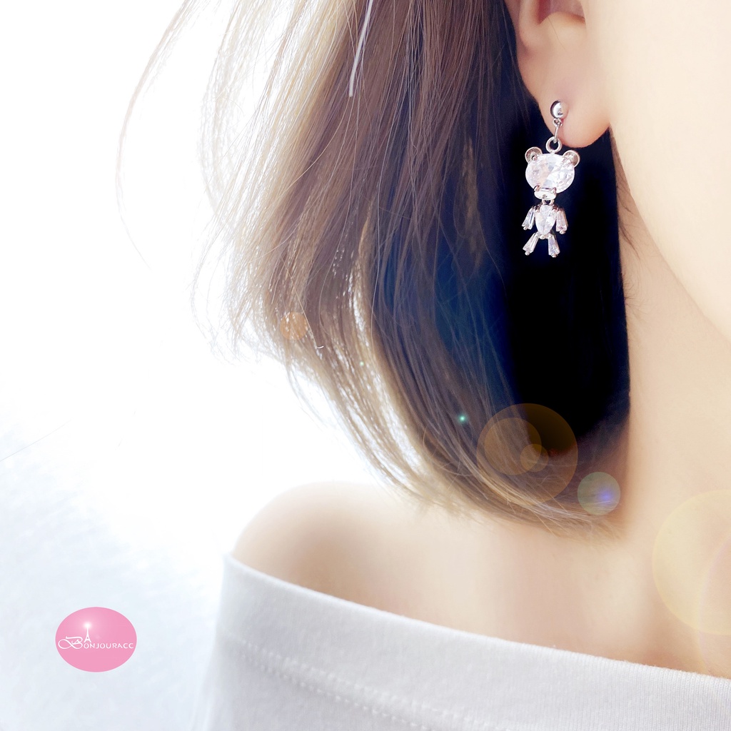 韓國 熊鑽造型 耳環 夾式 針式 925銀針 台灣現貨 【Bonjouracc】
