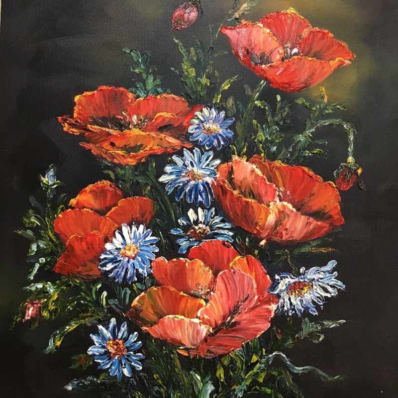 油畫作品黑色背景 立體罌粟花 8f 45 5 38 公分 蝦皮購物