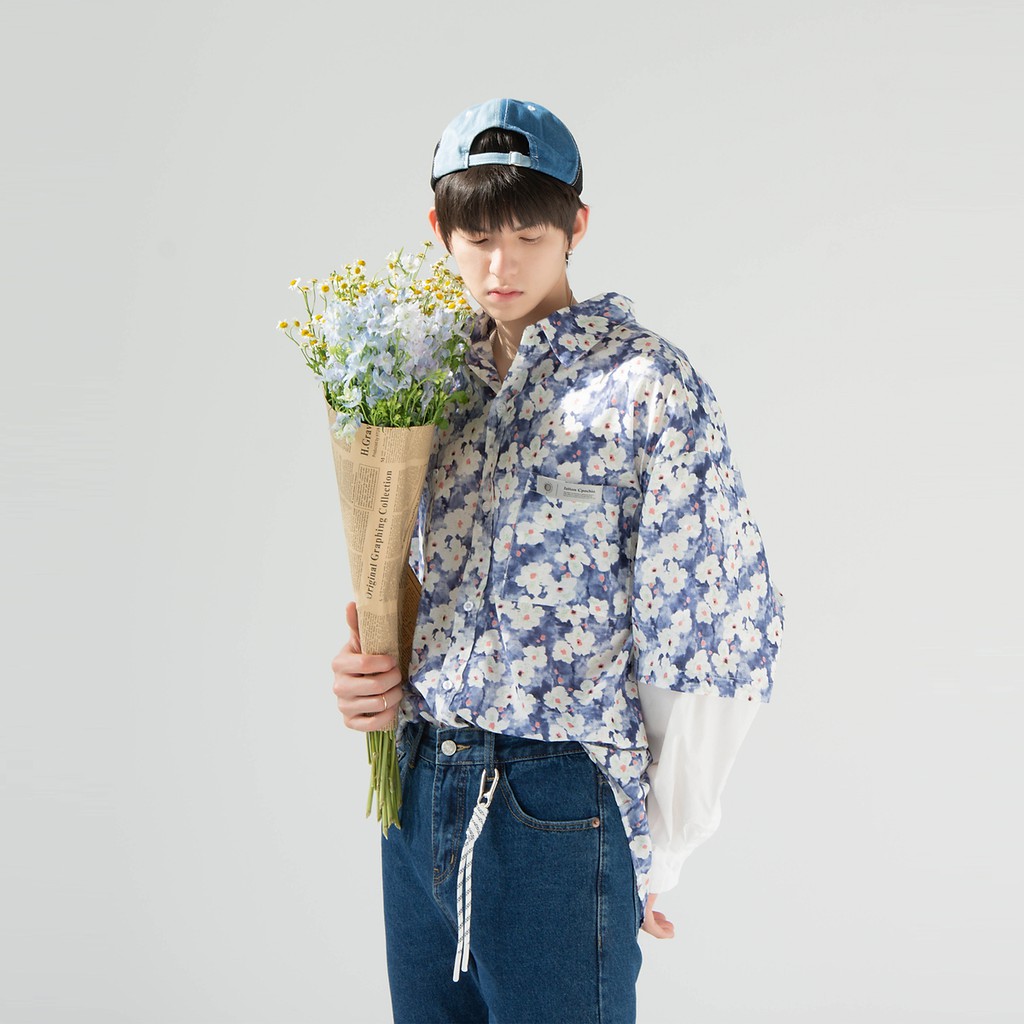 ❧✁oops studios韓版花襯衫男小眾設計感假兩件襯衣2021新款夏季薄款