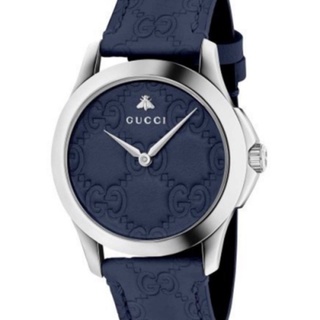 GUCCI 古馳 G-Timeless 雙G皮紋手錶(YA1264032)x藍x38mm