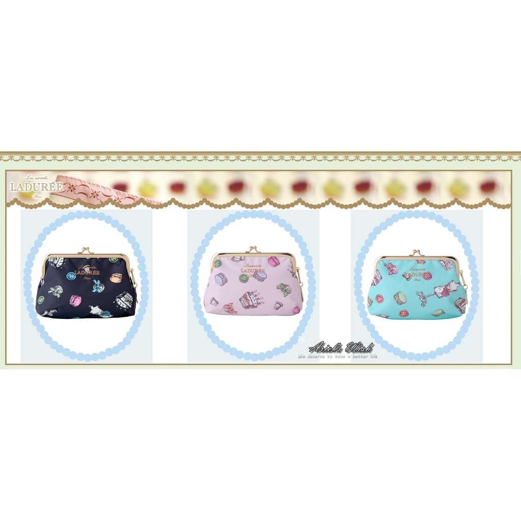 Ariel's Wish-日本Laduree馬卡龍蛋糕甜點珠扣包化妝包收納袋鉛筆盒筆袋緞帶附巴黎鐵塔拉鍊吊飾-三色絕版品