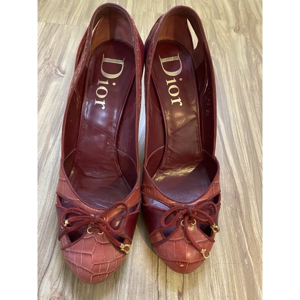 （二手名牌）Dior 紅色簍空蛇紋玳瑁高跟鞋 39 偏大尺碼