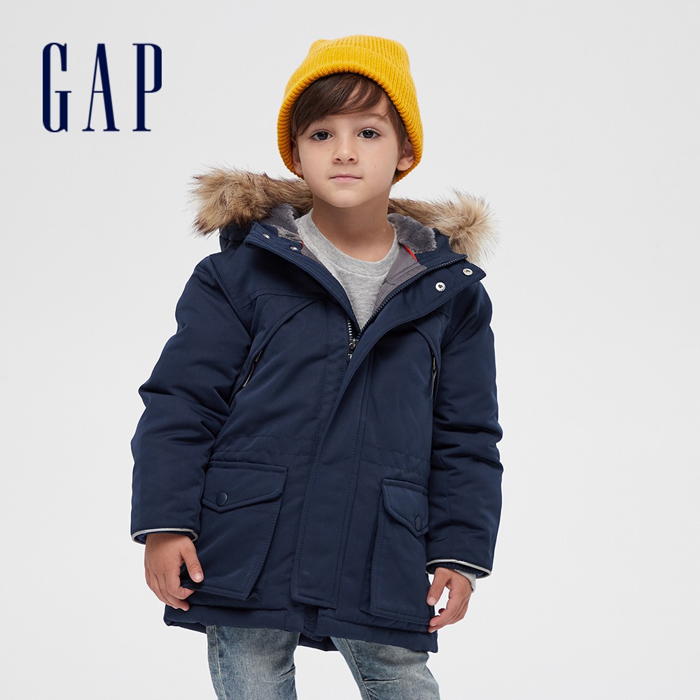 Gap 男童裝 保暖仿毛邊裝飾連帽派克大衣-藍色(592730)