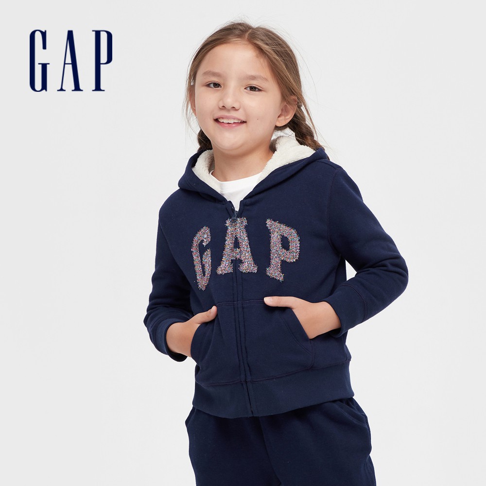 Gap 女童裝 Logo仿羊羔絨連帽外套-海軍藍(618378)