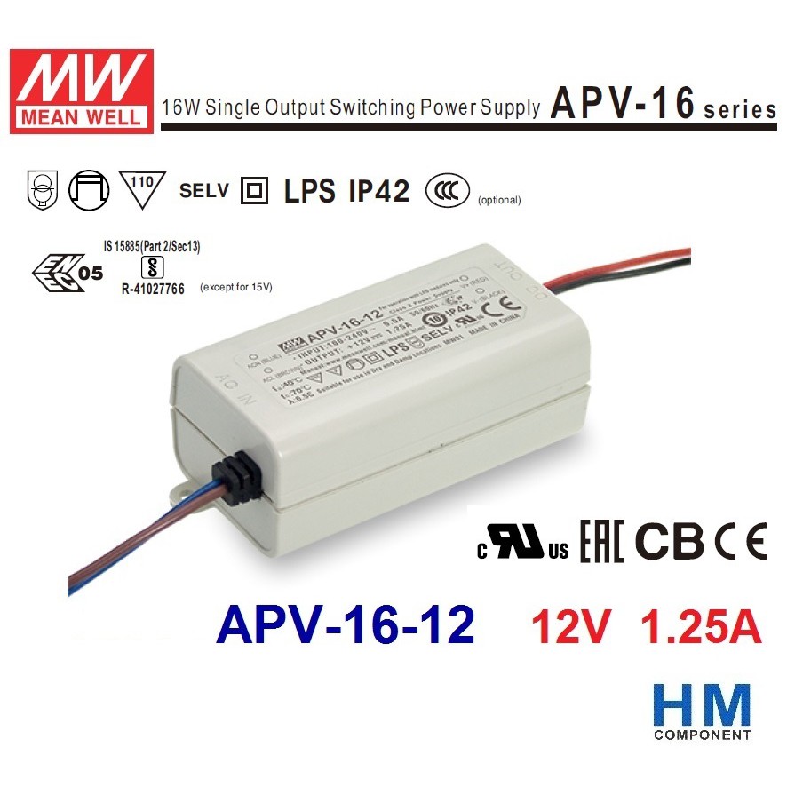 APV-16-12 明緯 MW (MEAN WELL) LED防水變壓器 IP42 12V 1.25A -HM工業自動化