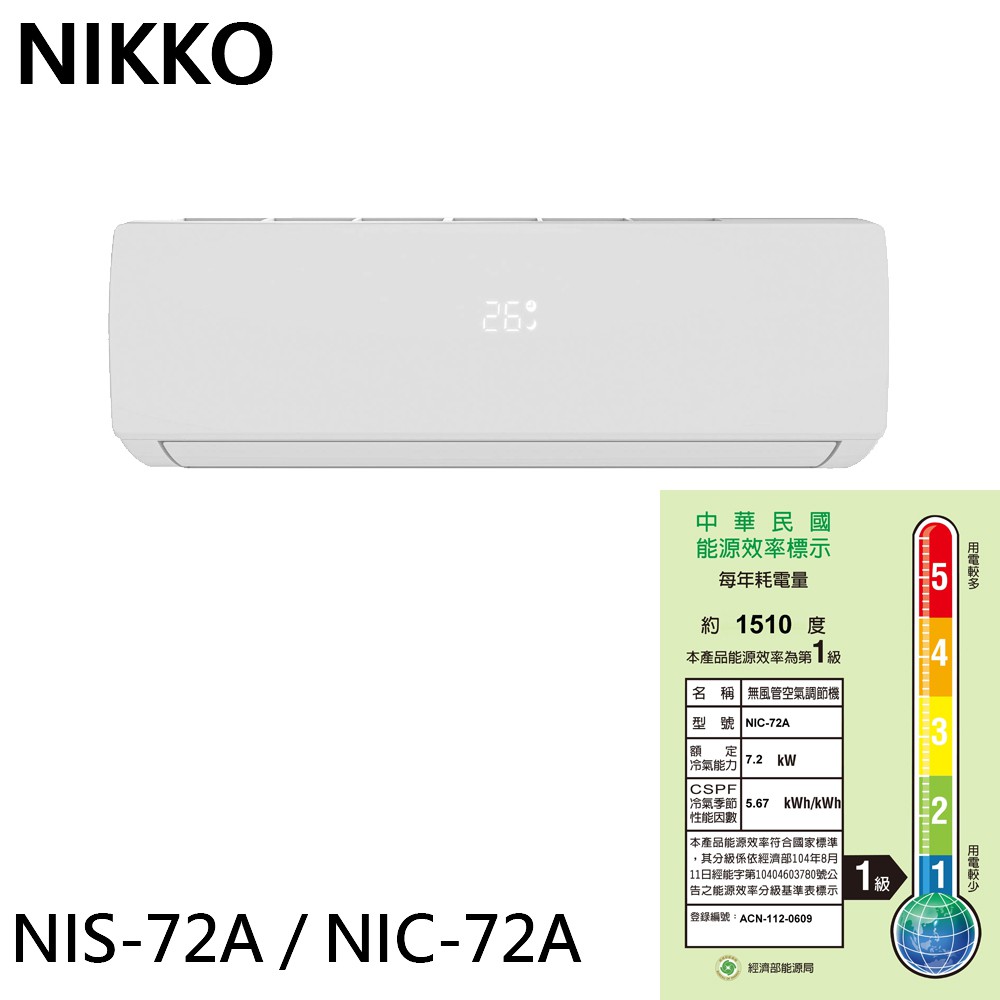 NIKKO 日光 10坪 一級變頻冷暖空調 冷氣 NIS-72A / NIC-72A 大型配送