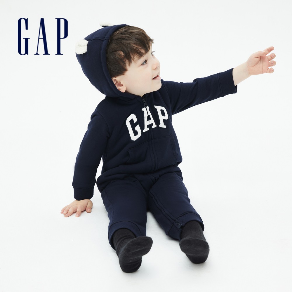 Gap 嬰兒裝 Logo仿羊羔絨熊耳連帽長袖包屁衣-深藍色(732573)