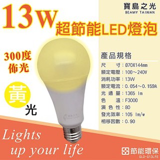 寶島之光 13W超節能LED燈泡 白光/黃光 無藍光不傷眼 E27燈頭