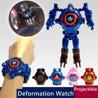 MARVEL <可用>漫威復仇者聯盟兒童變形手錶3D投影蜘蛛俠美國隊長模型電子表玩具禮物