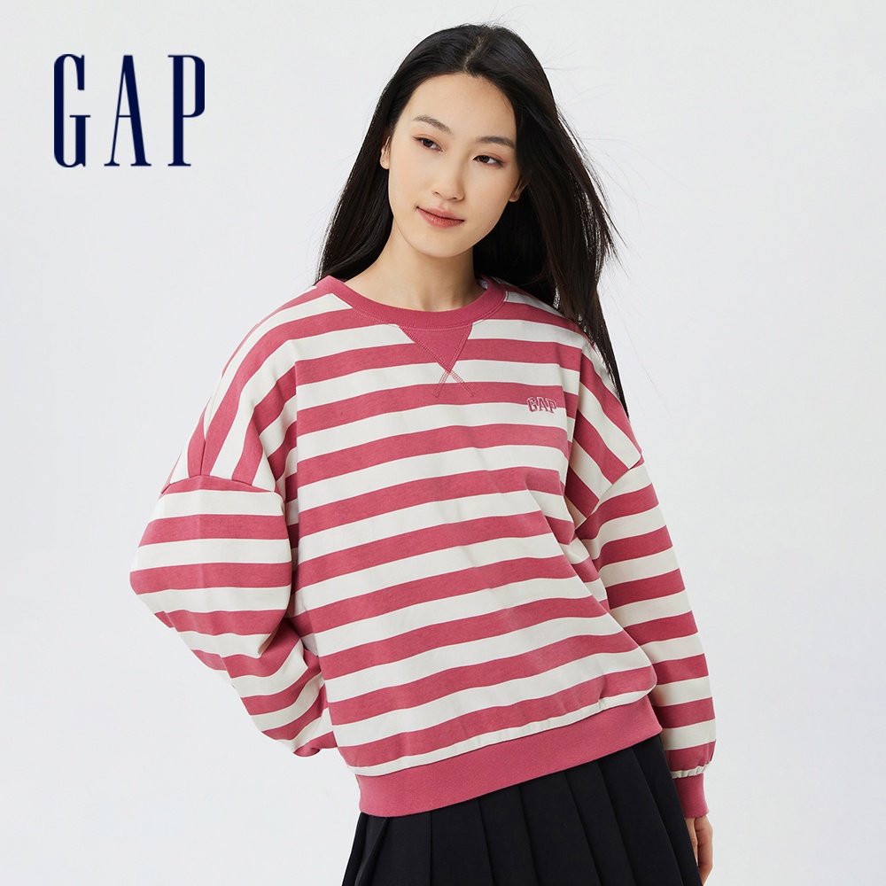 Gap 女裝 Logo條紋大學T 碳素軟磨法式圈織系列-粉色條紋(445498)