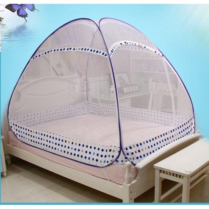 蒙古包蚊帳 D-8：有帳底，寬180CM*長200CM*高150CM，雙開門+床尾視窗［新三角形無帳底］適合床型寬175-190CM大雙人床、兒童遊戲使用