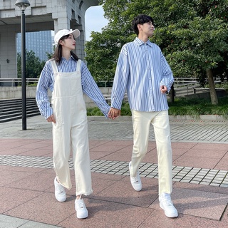 【COUPLE】2022情侶裝💯💯白藍色條紋長袖襯衫女背帶褲兩件套春秋百搭寬鬆上衣