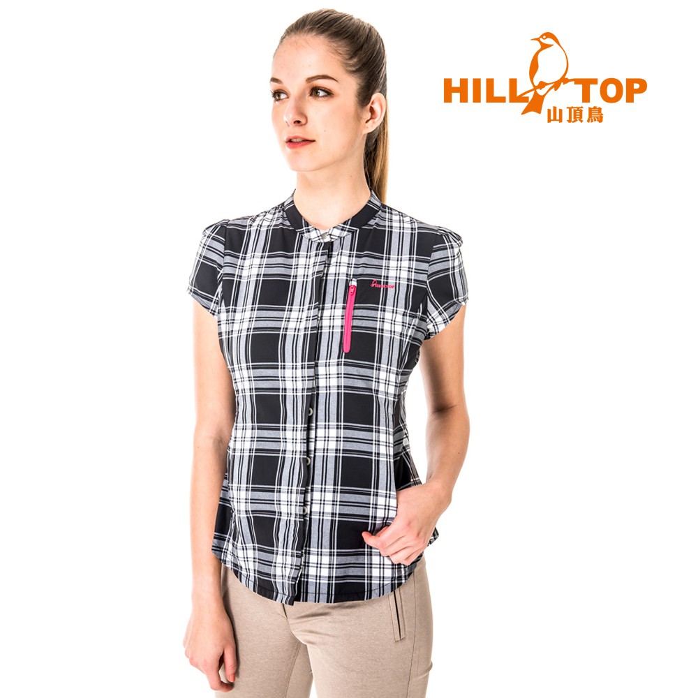 【Hilltop山頂鳥】女款吸濕排汗抗UV短袖襯衫S06F58-黑底白格