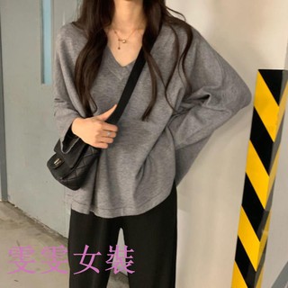 🔥臺灣現貨🔥現貨L-4XL胖mm素色長袖T恤打底衫女秋季韓版寬鬆百搭V領上衣🔥臺灣現貨🔥