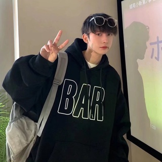 【M-5XL】男生秋冬新款加絨加厚帽T 連帽衛衣 字母BAR 刷毛 oversize 長袖帽T 韓版寬鬆衛衣 長袖帽T