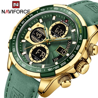 Naviforce 頂級品牌豪華金錶石英數字男性鐘錶軍事運動綠色真皮男士手錶 9197