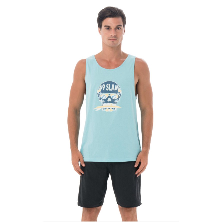 衝浪品牌 69 SLAM / 男生淺藍色無袖背心Tank Top / 淺藍出海衝浪骷髏 OFF TO SEA