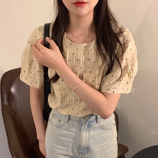 蔓莎💞2023韓國chic夏季復古簡約減齡波點小清新圓領褶皺寬松短袖襯衫上衣女 女生衣著
