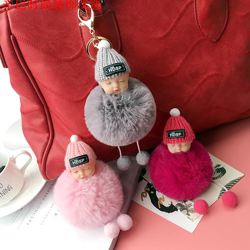 💕現貨💕📣冬季卡通個性睡萌娃娃鑰匙扣卡通毛球毛絨公仔包包小商品鑰匙吊飾