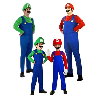 成人兒童超級馬裡奧 Luigi Bros 萬聖節服裝角色扮演表演服裝套裝卡通家庭親子衣服