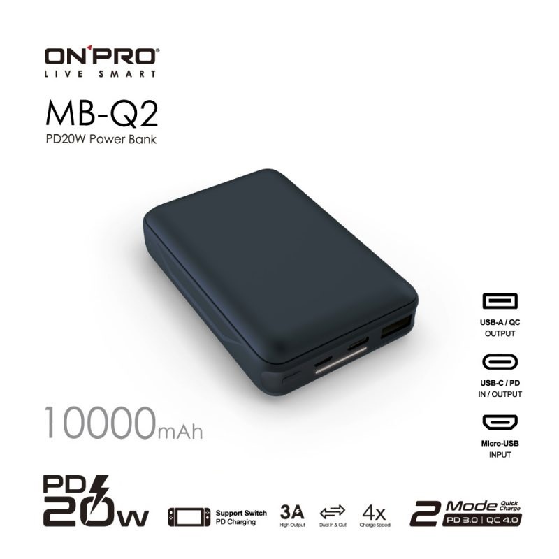 ONPRO MB-Q2 PD20W QC3.0 快充行動電源10000MAH太平洋藍(BATTE918)