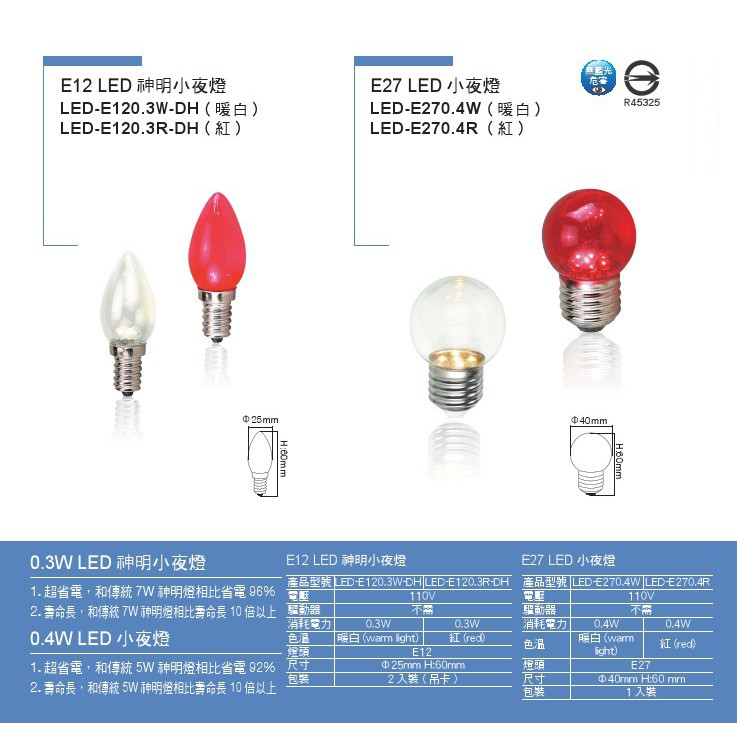 【內湖迪可燈飾】舞光 E12 0.3W E27 0.4W LED 小夜燈 燈泡 黃光/紅 燈泡 神明燈 住家 夜燈