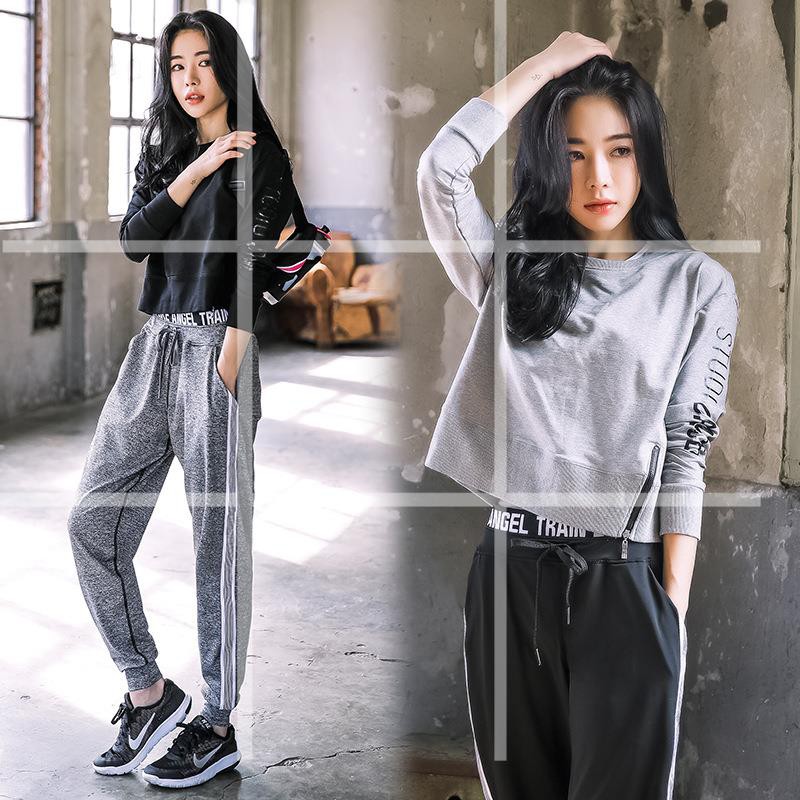 Vivi 韓國瑜珈服長袖套裝女速乾透氣健身服運動套裝個性運動上衣防震聚攏全罩杯運動內衣條紋運動褲三件套瑜伽套裝機能運動套
