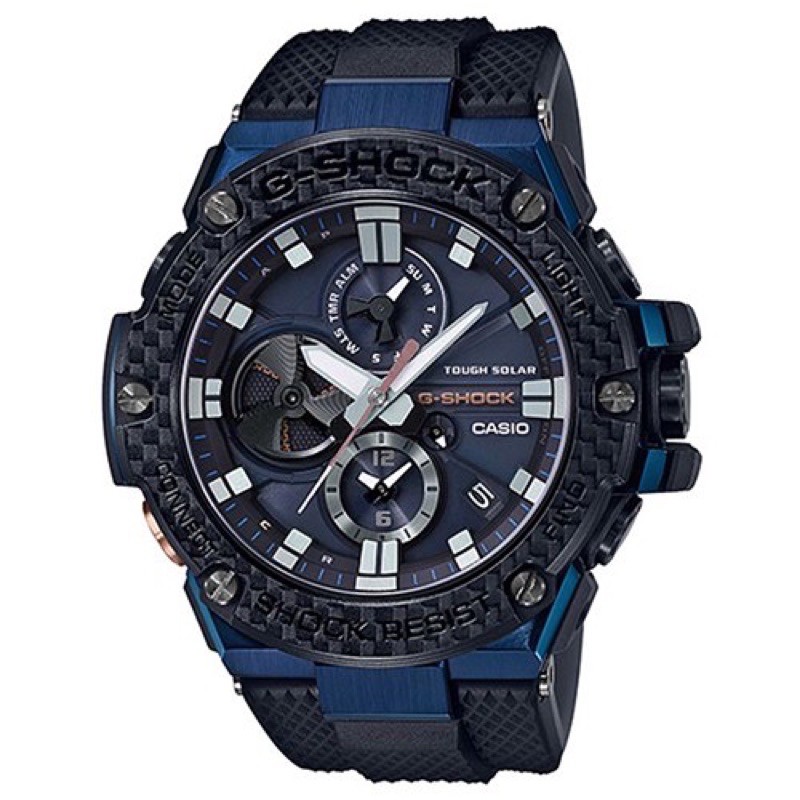 【CASIO】G-SHOCK 藍寶石玻璃太陽能藍芽碳纖維錶圈橡膠錶帶錶-藍X黑(GST-B100XB-2A)