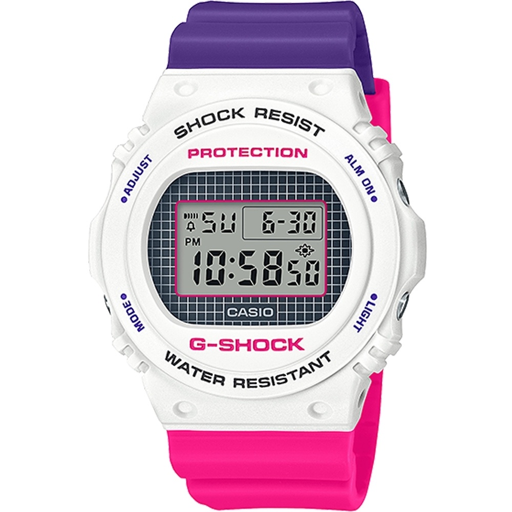 G-SHOCK經典數位顯示復古運動電子錶 桃紅x亮紫x白_DW-5700THB-7