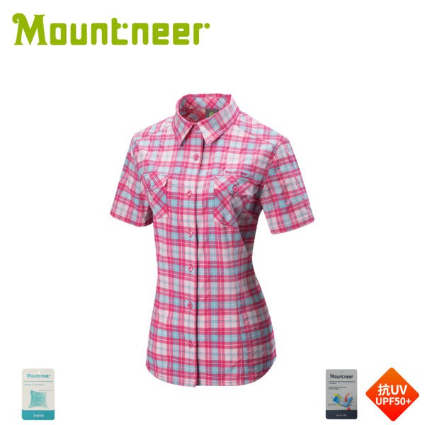 【Mountneer 山林 女 彈性抗UV格子襯衫《深桃紅》】31B02/短袖襯衫/防曬短袖/抗UV/戶外/悠遊山水