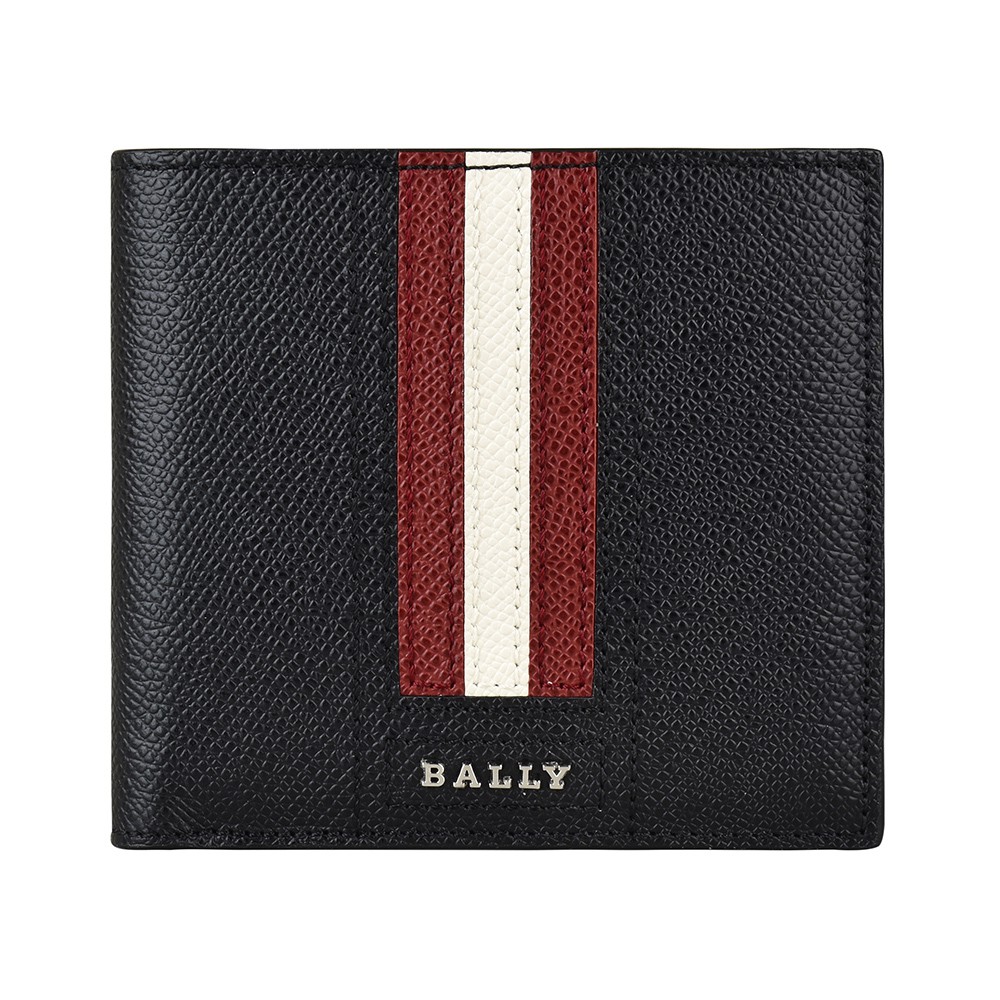 BALLY TRASAI銀字LOGO牛皮飾黑白條紋8卡對折短夾(黑)