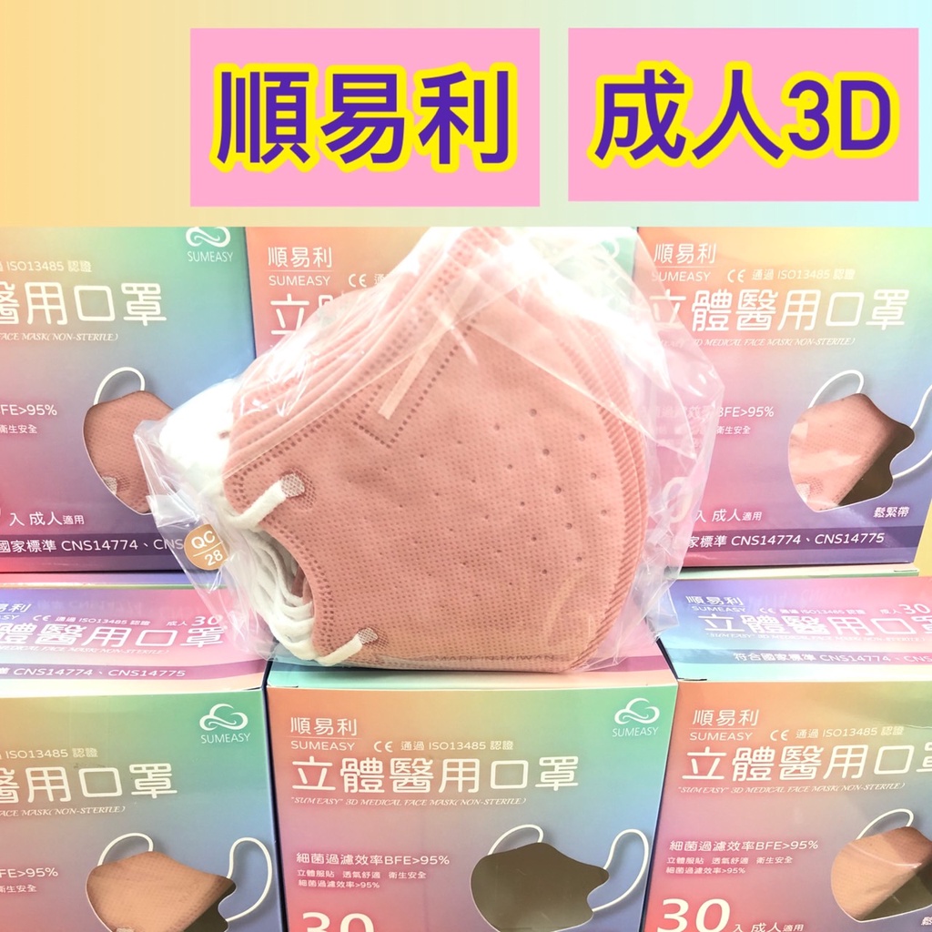 【HR醫材】順易利成人立體口罩 3D口罩 L尺寸 鼻樑壓條 四層防護 醫用立體口罩 醫療口罩30入盒裝 玫瑰金