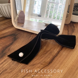 【Fish ACC】韓國東大門法式優雅高級感黑色雙面絲絨珍珠蝴蝶結彈簧夾髮夾邊夾 21109-65
