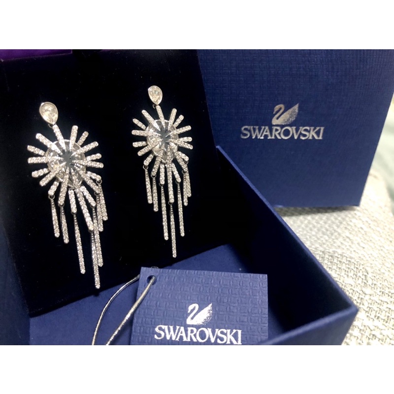 近全新Swarovski 施華洛世奇 專櫃正品  白水晶水鑽 垂墜耳環 水晶燈 放射 輕珠寶