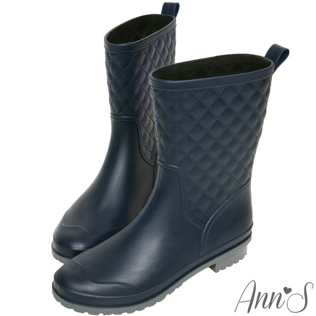 Ann’S雨季中-時髦菱格紋素色中筒雨靴-深藍