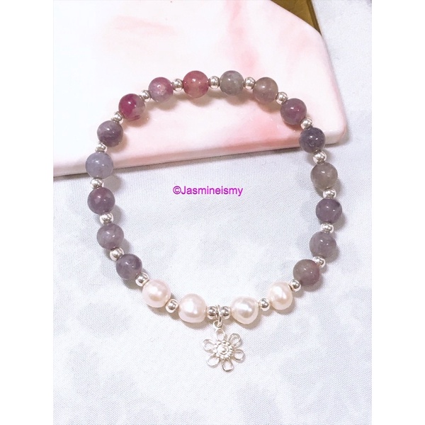 純天然 純銀設計款 紫粉色梅花碧璽/珍珠 手鍊
